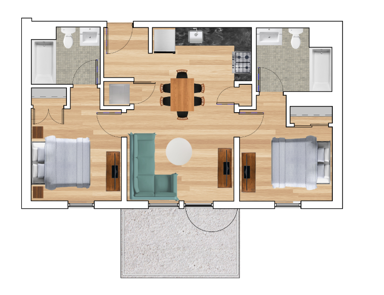 Floor plan for 2 beds, 2 baths, 690 sqft